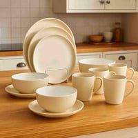 طقم سفرة سيراميك بيج وأبيض - 16 قطعة