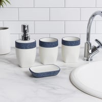 طقم إكسسوارات حمام 4 قطع بتصميم أبيض وحافة زرقاء