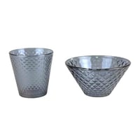 طقم زجاجي رمادي بنقشة ماسية (كوب + زبدية)