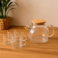 طقم شاي زجاجي مع غطاء خشبي و 4 أكواب