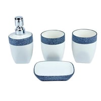 طقم إكسسوارات حمام 4 قطع بتصميم أبيض وحافة زرقاء