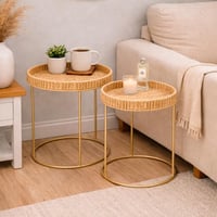 طقم طاولات جانبية دائرية من الخوص مع قاعدة معدنية...