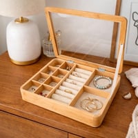صندوق تنظيم المجوهرات الخشبي بغطاء زجاجي
