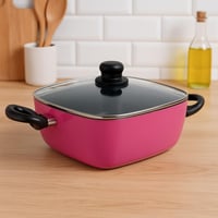 قدر طهي مربع غير لاصق بغطاء زجاجي - وردي 24سم