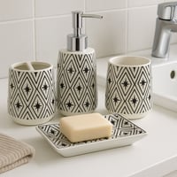 طقم اكسسوارات حمام سيراميك بنقشة هندسية (4 قطع)