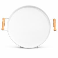 صينية تقديم دائرية معدنية بمقابض خشبية لون ابيض وب...