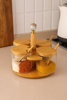 طقم حافظات توابل زجاجية بغطاء خشبي مع قاعدة دوّارة