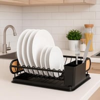 رف تجفيف صحون معدني خشبي – متعدد الاستخدامات للمطب...