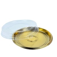صينية تقديم دائرية ذهبية مع غطاء بلاستيكي شفاف