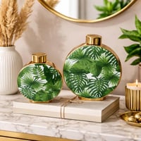 طقم فازات سيراميك بنقشة اوراق استوائية – قطعتين