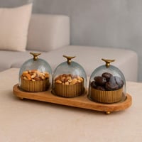 طقم تقديم مكسرات وتمور بثلاث حاويات بقاعدة خشبية و...