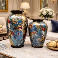 طقم مزهريات فخارية فاخرة بنقوش الطيور والزخارف الن...