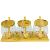 طقم برطمانات زجاجية مع ملاعق وأغطية خشبية