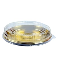 صينية تقديم دائرية ذهبية مع غطاء بلاستيكي شفاف