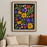 لوحة فنية بإطار - أزهار ملونة على خلفية سوداء