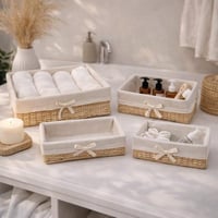 طقم سلال تخزين خوص ببطانة قماش وربطة انيقة