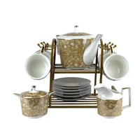 طقم شاي فاخر من البورسلان مع حامل معدني ذهبي