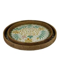 طقم صواني تقديم مستديرة من الخيزران بزخرفة فسيفساء...