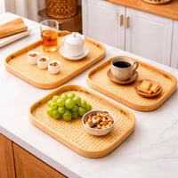 طقم صواني تقديم خيزران بقاعدة مجدولة