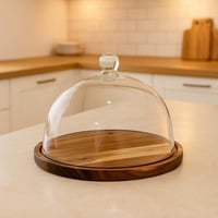 صحن تقديم بغطاء اكريلك وقاعدة دائرية خشبية