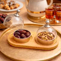 طقم تقديم تمر ومكسرات مع غطاء زجاجي وقاعدة خشبية