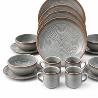 طقم سفرة بورسلان رمادي فاخر بنقشة دائرية – 16 قطعة