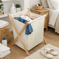 سلة غسيل قماش مع حامل خشبي قابل للطي
