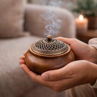 مبخرة خشبية دائرية بغطاء معدني مزخرف