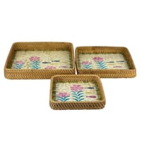 طقم صواني خيزران مستطيلة بنقشة فسيفساء ورود وأسماك