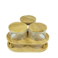 طقم برطمانات زجاجية مع حامل خشبي -3 قطع