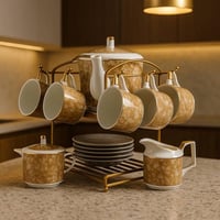 طقم شاي فاخر من البورسلان مع حامل معدني ذهبي