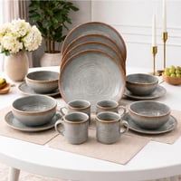 طقم سفرة بورسلان رمادي فاخر بنقشة دائرية – 16 قطعة