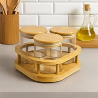 طقم برطمانات زجاجية مع حامل خشبي -3 قطع