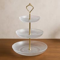 طبق تقديم ثلاثي الأدوار بزجاج مزخرف وقاعدة ذهبية