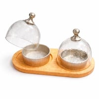 طقم تقديم تمر ومكسرات مع غطاء زجاجي وقاعدة خشبية