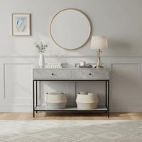 مدخل أستقبال خشبي 2 دور بهيكل معدني رمادي