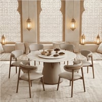 طاولة طعام فاخرة سطح رخامي دوار 6 كراسي بيج