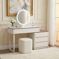 طاولة زينة بخزانة سطح زجاجي مع مرآة مضيئة ومقعد