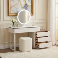 طاولة زينة بخزانة سطح زجاجي مع مرآة مضيئة ومقعد