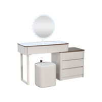 طاولة زينة بخزانة سطح زجاجي مع مرآة مضيئة ومقعد