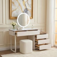 طاولة زينة بخزانة سطح زجاجي مع مرآة مضيئة ومقعد