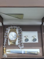 ساعة رجالي ضد الماء مع كبك وقلم ومسبحة وعلبة فخمة