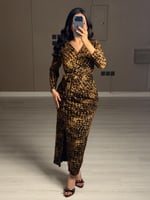 فستان ميدي ناعم بأكمام طويلة لون فهدي