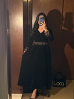 فستان سهرة اسود جوخ مخمل بأكمام طويلة مطرزة وحزام...