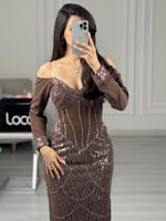 فستان كوفي شيك مطرز بكورسيه