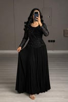 فستان شيفون طويل باكمام دانتيل و كسرات بليسيه راقي...