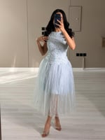 فستان سهرة قصير دانتيل فخم لون سماوي