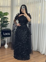 فستان سهره اسود ملكي من لوكا بتطريز وردي وكاب فاخر