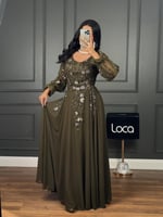 فستان غصون الورد بلون زيتي مطرز