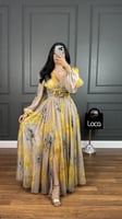 فستان قماش ناعم وبرنت مميز بلون اصفر من لوكا فاشن